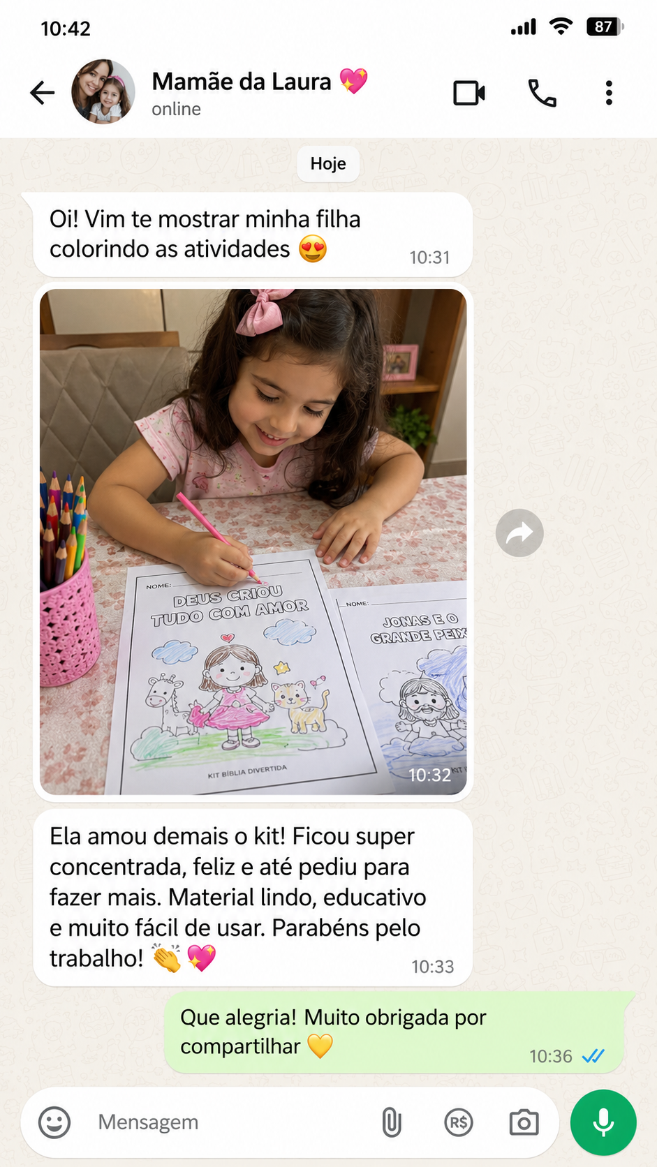 Depoimento de cliente no WhatsApp