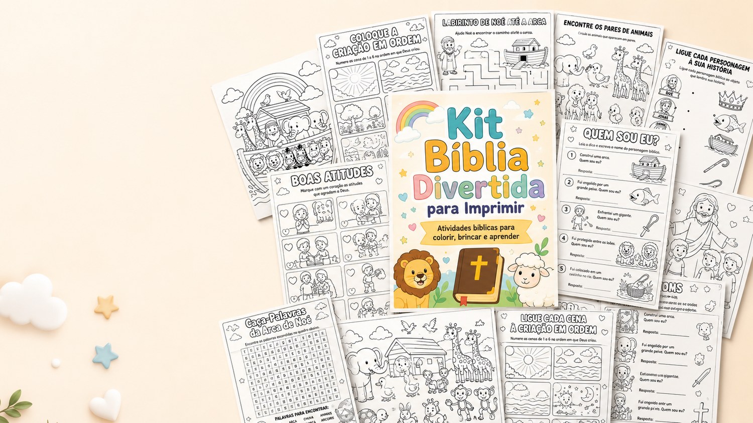 Diversas folhas do Kit Bíblia Divertida espalhadas em leque ao redor da capa