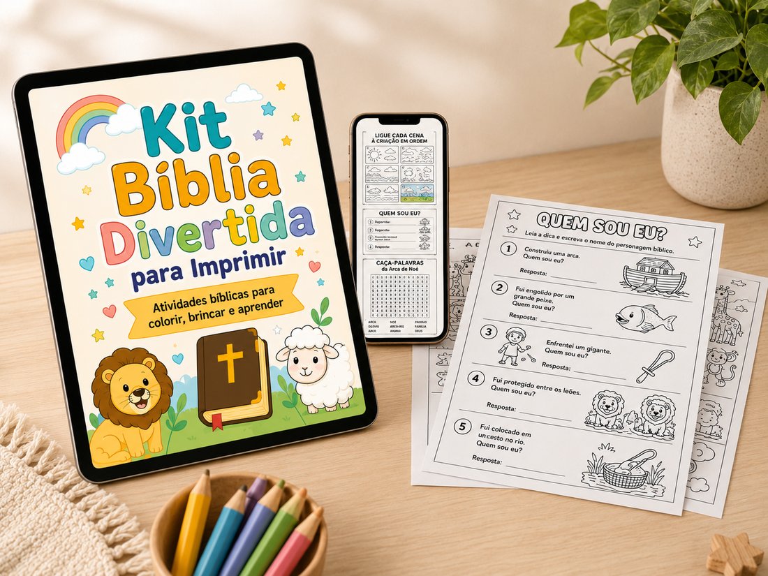 Criança colorindo atividades bíblicas em casa, num ambiente aconchegante